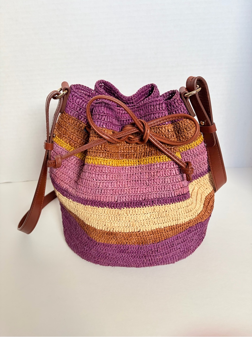 Sezane Farrow Bucket Bag Woven Shoulder Purse Raffia Leather Purple Violet Rare - Picture 2 of 14